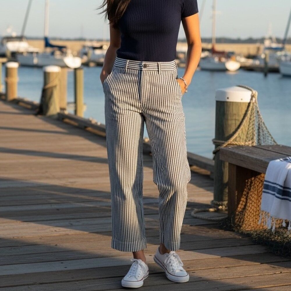 OAK + FORT Navy & White Vertical-Stripe Cropped Pants